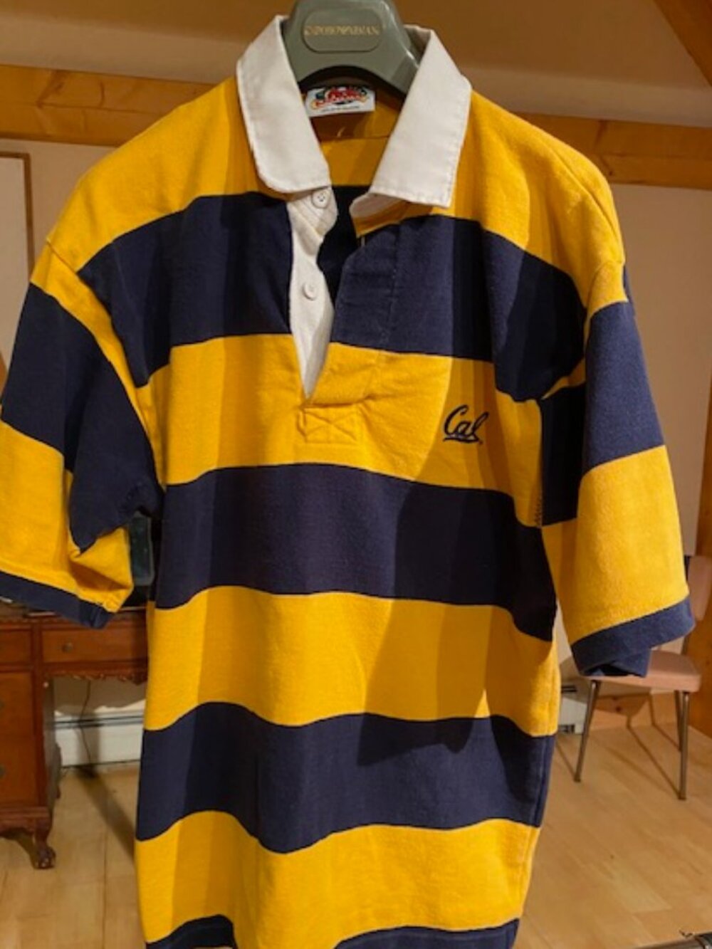 Vintage 90s Cal Berkeley Blue And Gold Striped Rugby Short Sleeve Shirt M